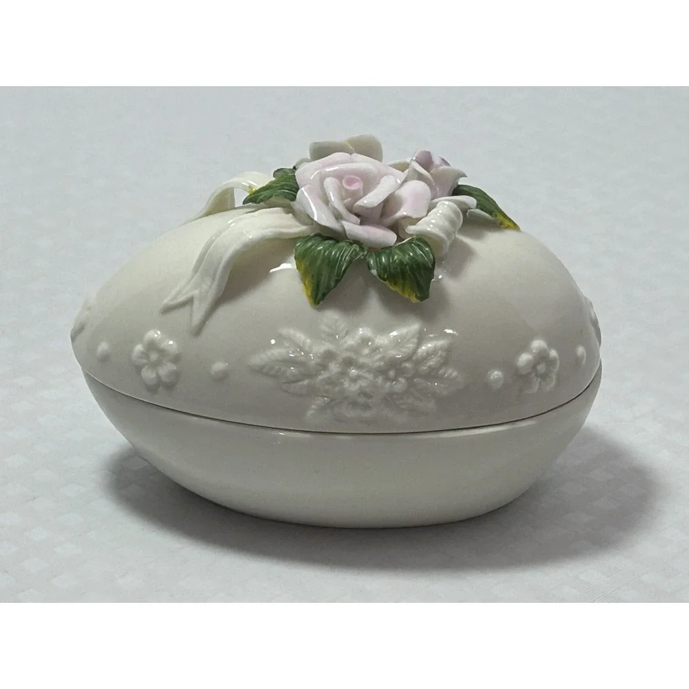 VTG Capodimonte Style Floral Oval Easter Spring Egg Jewelry Trinket Box W/ Lid